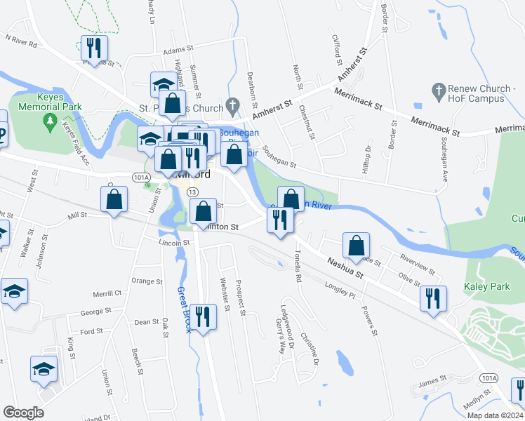 map of restaurants, bars, coffee shops, grocery stores, and more near 292 Nashua Street in Milford
