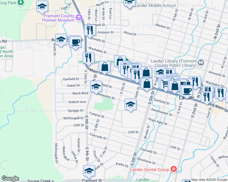 map of restaurants, bars, coffee shops, grocery stores, and more near 765 Garfield Street in Lander