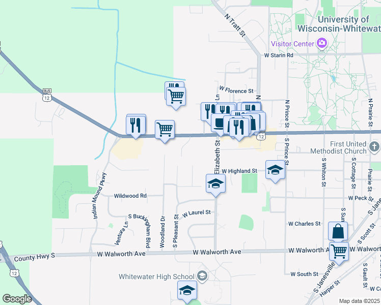 map of restaurants, bars, coffee shops, grocery stores, and more near 1255 West Main Street in Whitewater