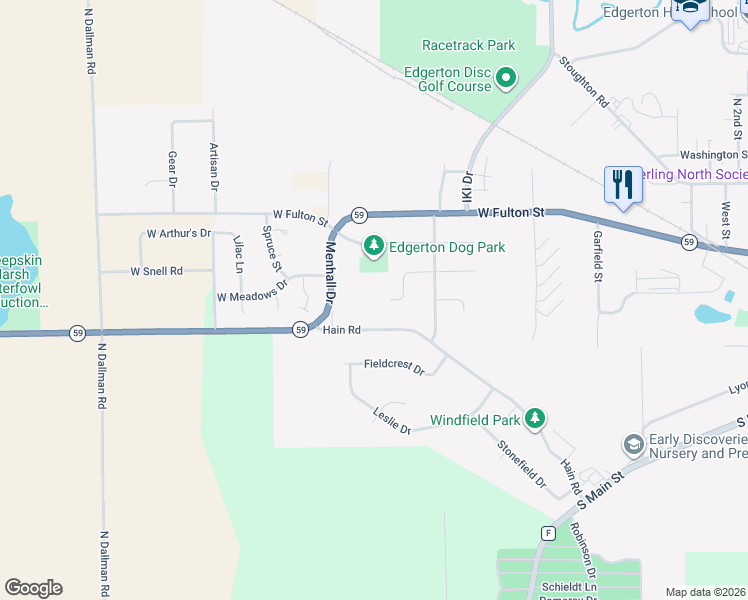 map of restaurants, bars, coffee shops, grocery stores, and more near 1250 Hain Rd in Edgerton
