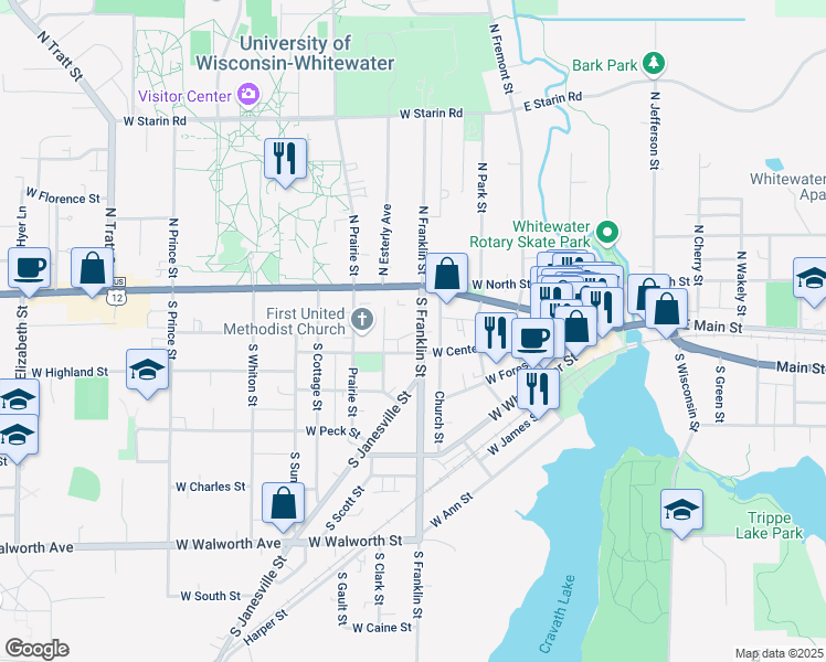 map of restaurants, bars, coffee shops, grocery stores, and more near 130 South Church Street in Whitewater