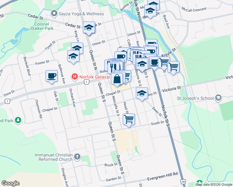map of restaurants, bars, coffee shops, grocery stores, and more near 150 Chapel Street in Simcoe