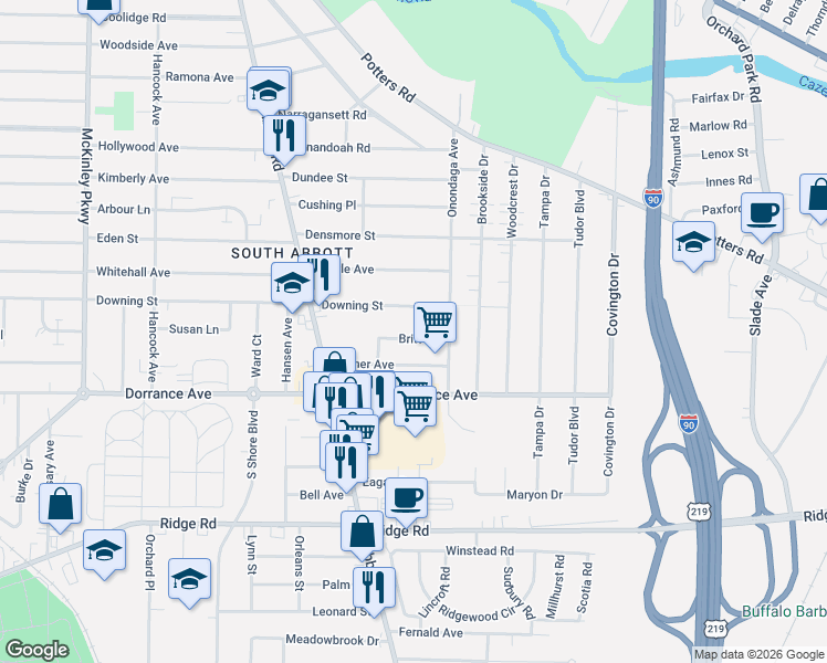 map of restaurants, bars, coffee shops, grocery stores, and more near 40 Britt Avenue in Buffalo