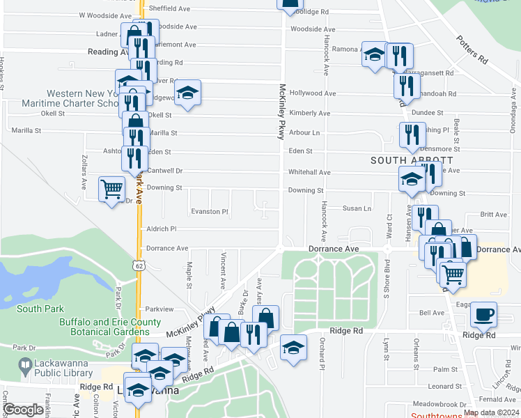 map of restaurants, bars, coffee shops, grocery stores, and more near 23 Latona Court in Buffalo