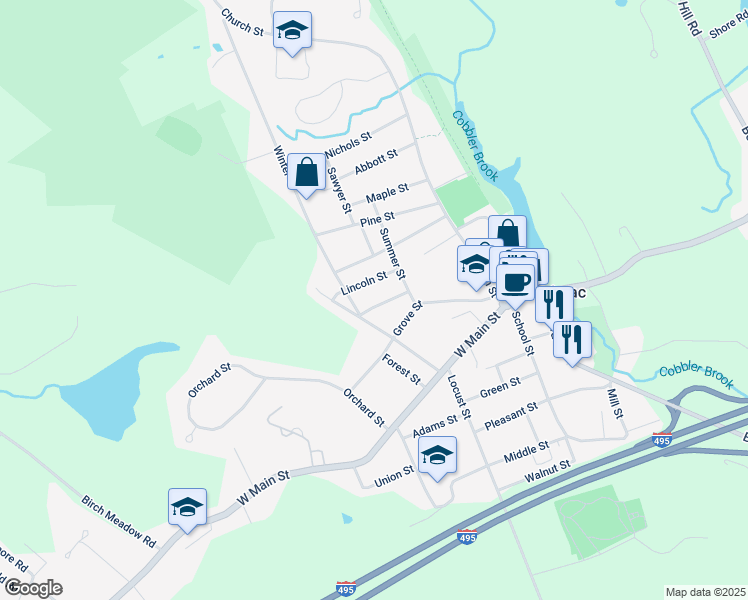 map of restaurants, bars, coffee shops, grocery stores, and more near 12 Lincoln Street in Merrimac