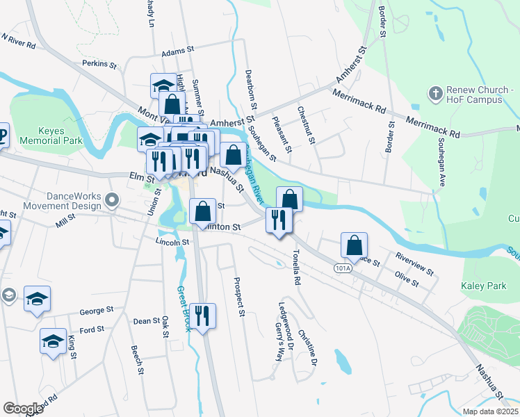 map of restaurants, bars, coffee shops, grocery stores, and more near 292 Nashua Street in Milford