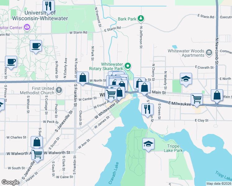 map of restaurants, bars, coffee shops, grocery stores, and more near in Whitewater