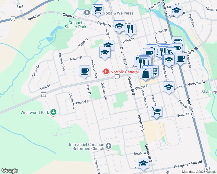 map of restaurants, bars, coffee shops, grocery stores, and more near 72 Brook Street in Simcoe