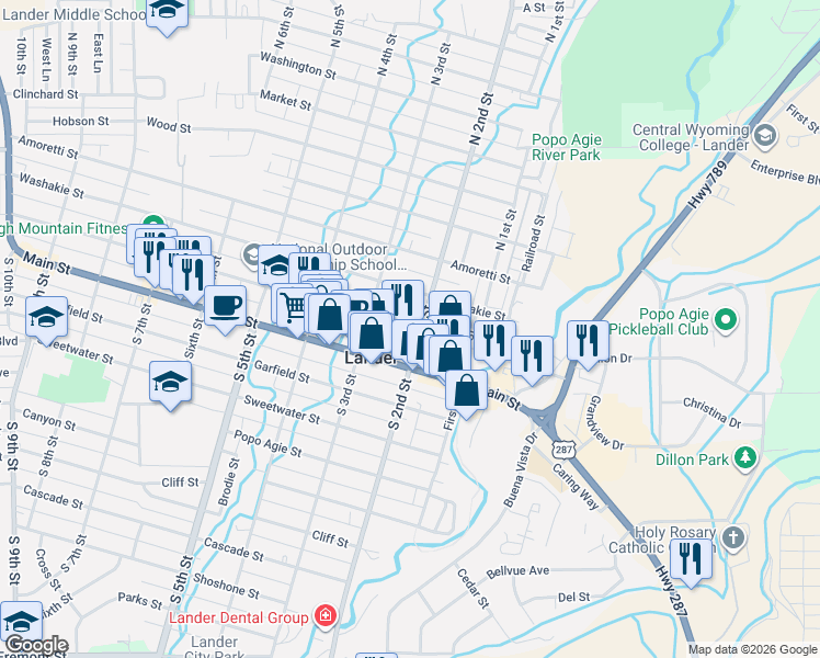 map of restaurants, bars, coffee shops, grocery stores, and more near 240 Lincoln Street in Lander