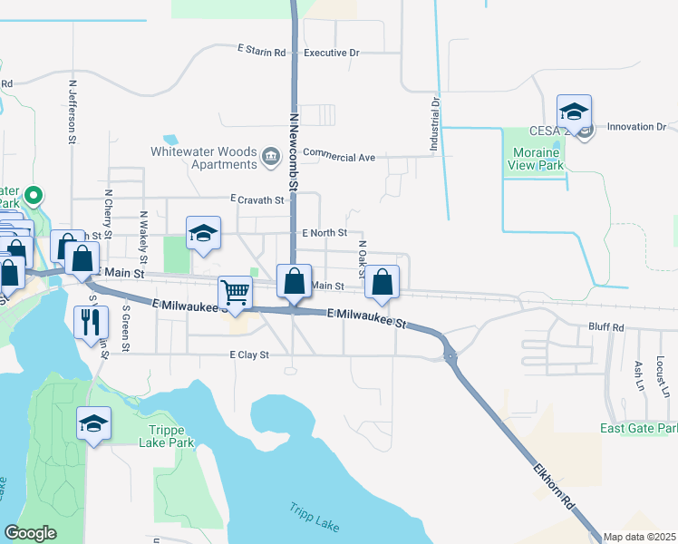 map of restaurants, bars, coffee shops, grocery stores, and more near 818 East Main Street in Whitewater
