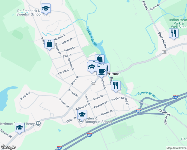 map of restaurants, bars, coffee shops, grocery stores, and more near 11 Grove Street in Merrimac