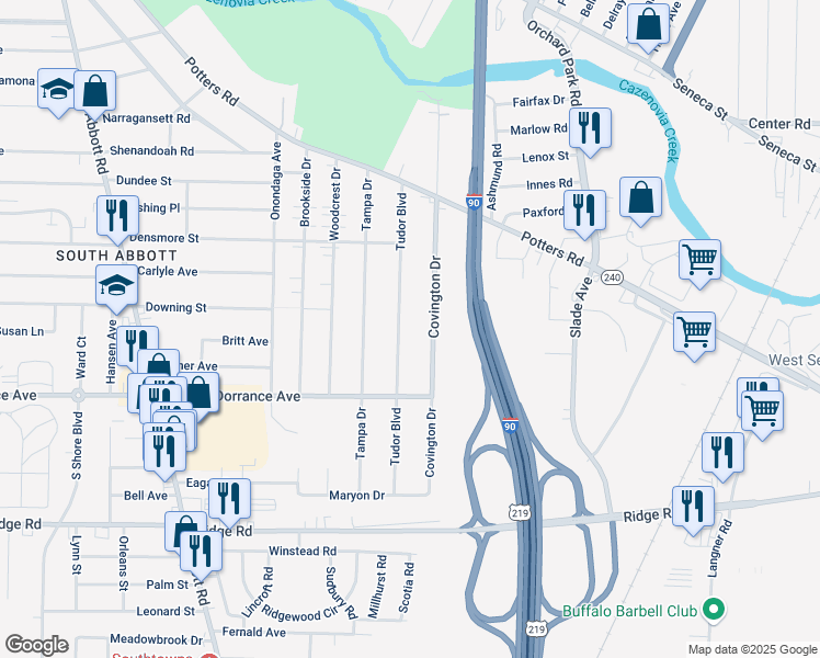 map of restaurants, bars, coffee shops, grocery stores, and more near 131 Covington Drive in Buffalo