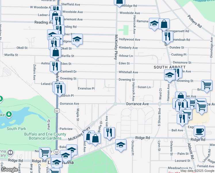 map of restaurants, bars, coffee shops, grocery stores, and more near 70 McKinley Parkway in Buffalo