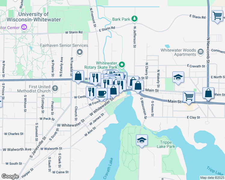 map of restaurants, bars, coffee shops, grocery stores, and more near 149 Main Street in Whitewater