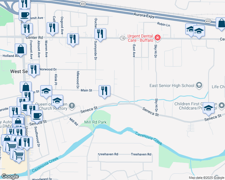 map of restaurants, bars, coffee shops, grocery stores, and more near 918 Main Street in West Seneca