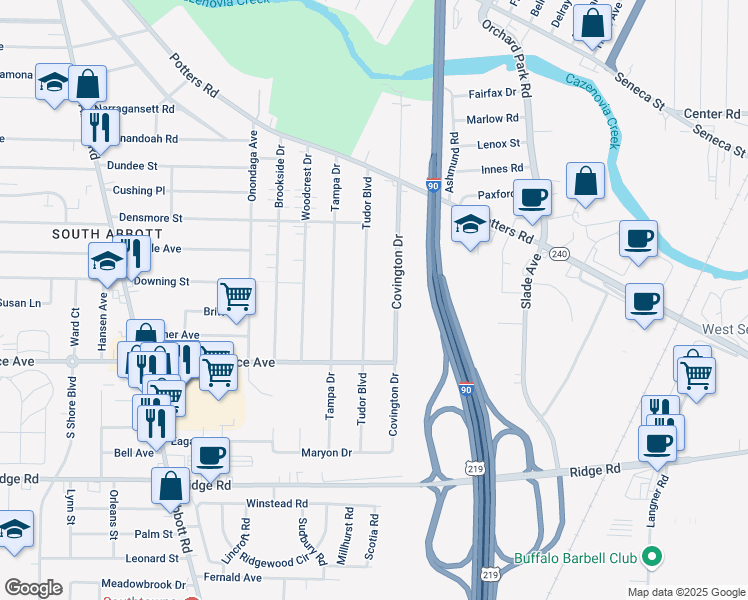 map of restaurants, bars, coffee shops, grocery stores, and more near 131 Covington Drive in Buffalo