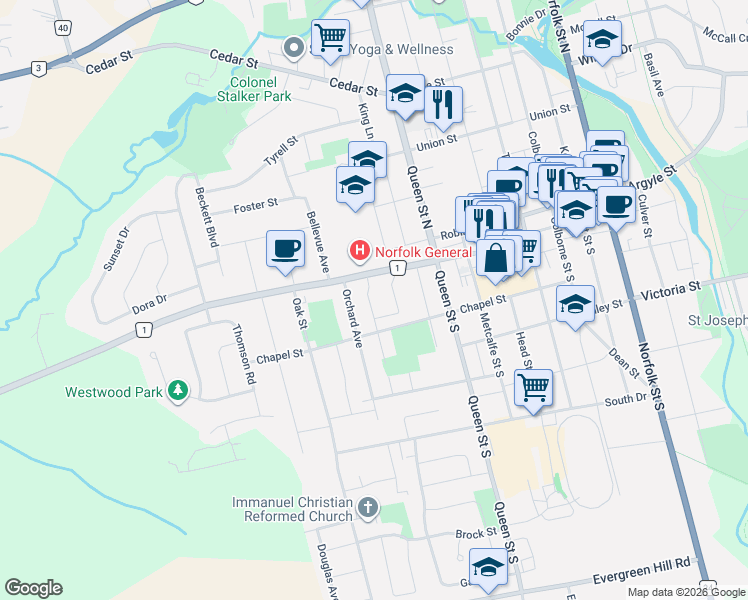 map of restaurants, bars, coffee shops, grocery stores, and more near 72 Brook Street in Simcoe