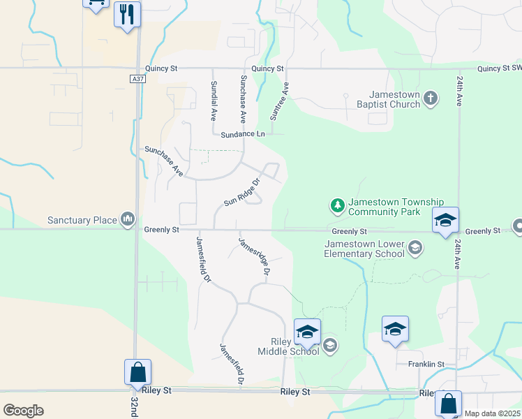 map of restaurants, bars, coffee shops, grocery stores, and more near 2888 Sun Ridge Lane in Hudsonville