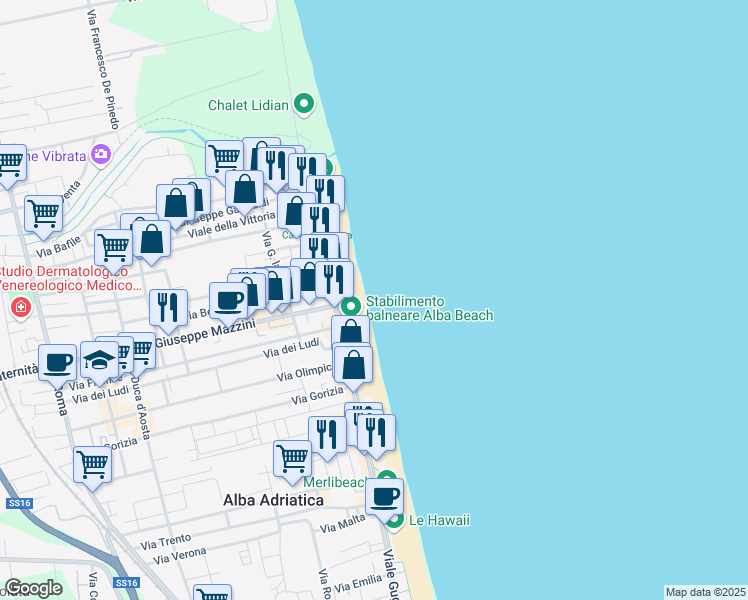 map of restaurants, bars, coffee shops, grocery stores, and more near 13 Viale Guglielmo Marconi in Alba Adriatica