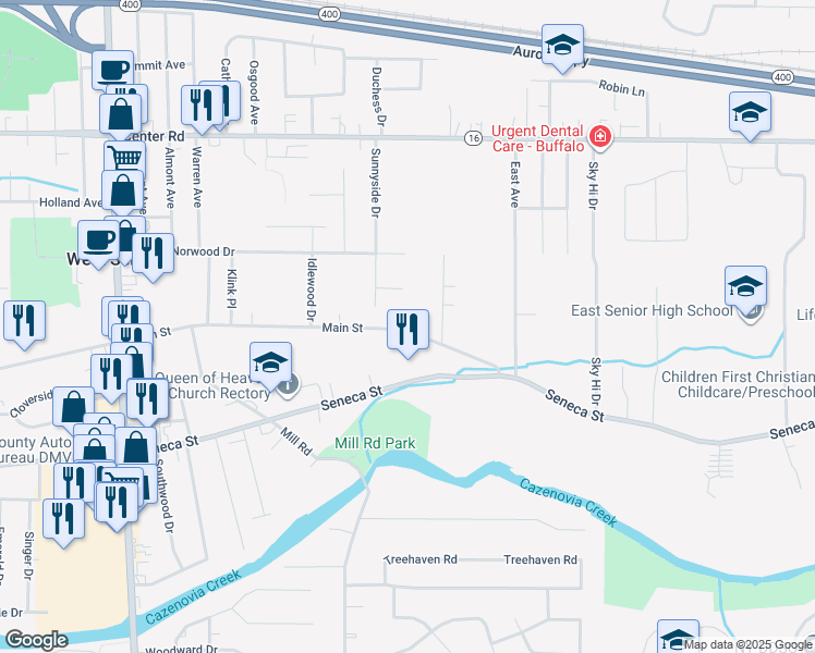 map of restaurants, bars, coffee shops, grocery stores, and more near 886 Main Street in West Seneca