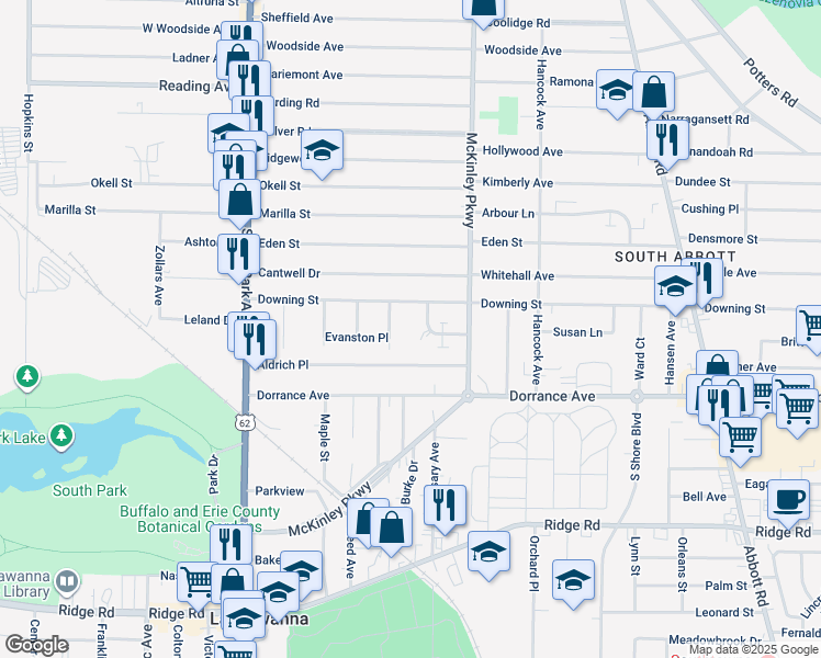map of restaurants, bars, coffee shops, grocery stores, and more near 42 Latona Court in Buffalo