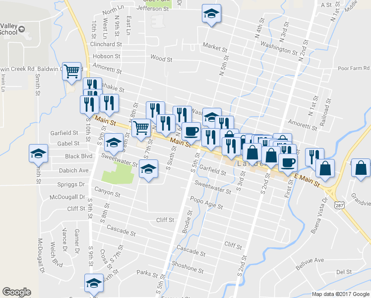 map of restaurants, bars, coffee shops, grocery stores, and more near 555 Main Street in Lander