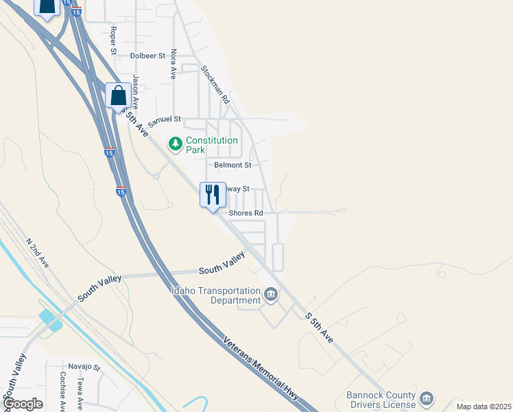 map of restaurants, bars, coffee shops, grocery stores, and more near Shores Road in Pocatello