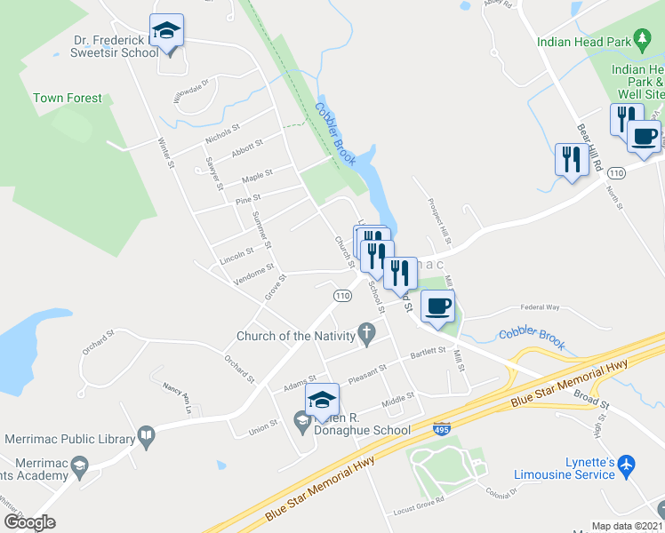 map of restaurants, bars, coffee shops, grocery stores, and more near 11 Grove Street in Merrimac