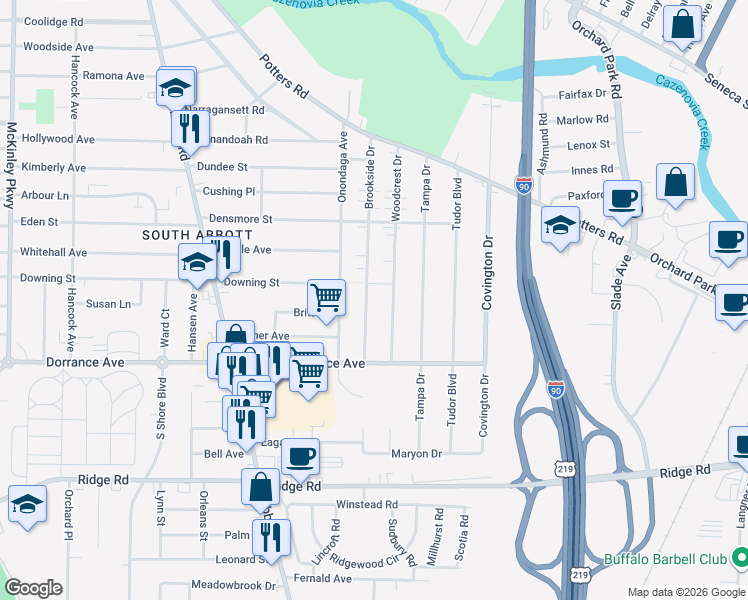 map of restaurants, bars, coffee shops, grocery stores, and more near 186 Brookside Dr in Buffalo
