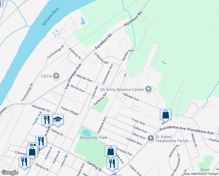 map of restaurants, bars, coffee shops, grocery stores, and more near Hillside Avenue & Banker Avenue in Schenectady County