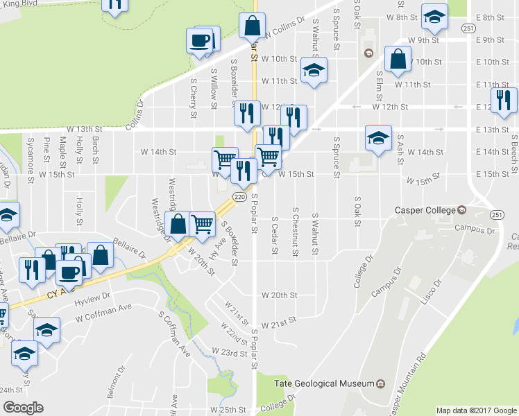 map of restaurants, bars, coffee shops, grocery stores, and more near 1625 South Poplar Street in Casper
