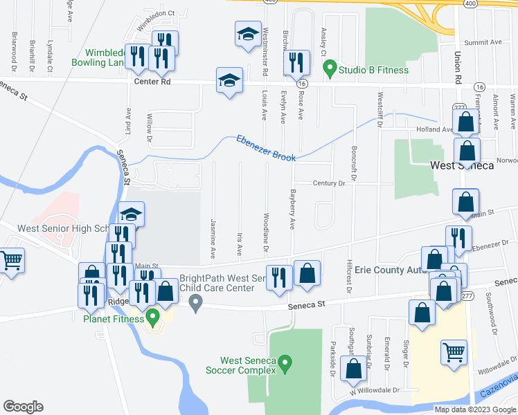 map of restaurants, bars, coffee shops, grocery stores, and more near 86 Woodlane Drive in Buffalo