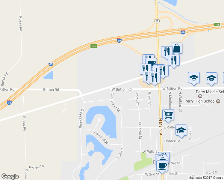 map of restaurants, bars, coffee shops, grocery stores, and more near Clearwater Drive in Perry
