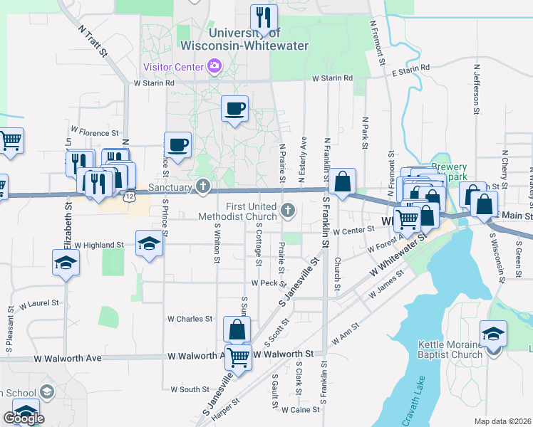 map of restaurants, bars, coffee shops, grocery stores, and more near 136 South Cottage Street in Whitewater
