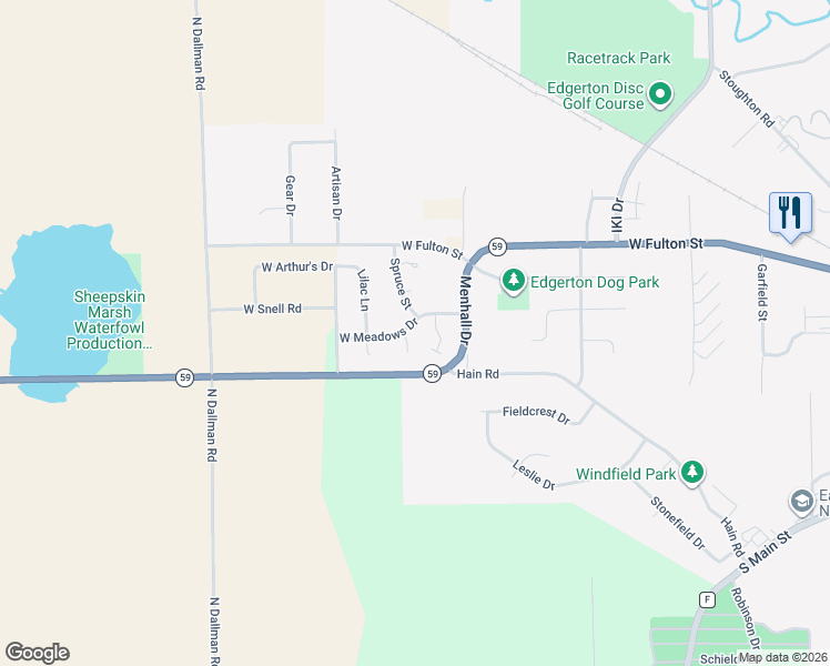 map of restaurants, bars, coffee shops, grocery stores, and more near 133 W Meadows Dr in Edgerton