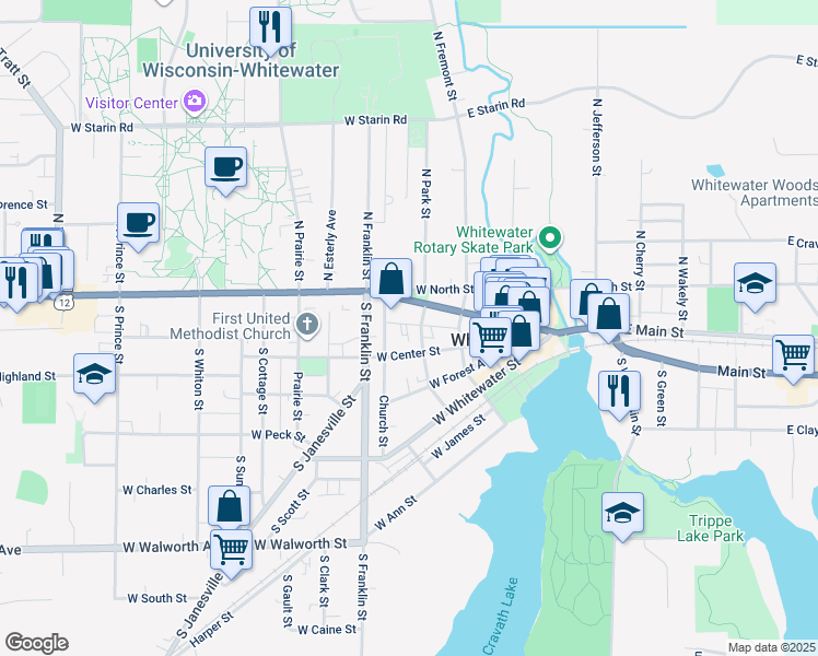 map of restaurants, bars, coffee shops, grocery stores, and more near 124 South 4th Street in Whitewater