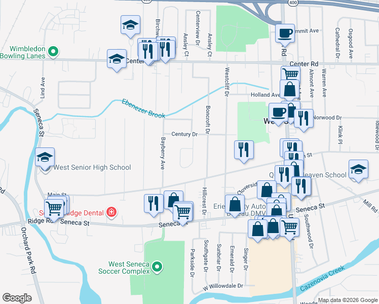 map of restaurants, bars, coffee shops, grocery stores, and more near 24 Hillview Terrace in Buffalo