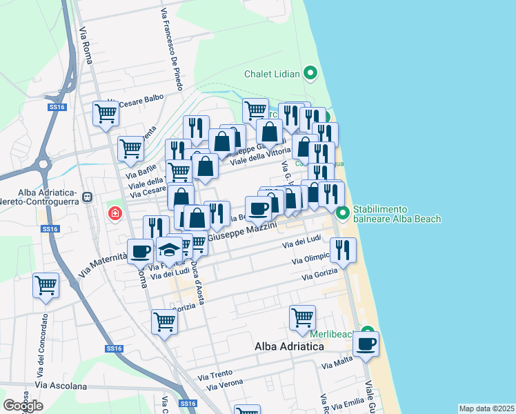 map of restaurants, bars, coffee shops, grocery stores, and more near 22 Via Giacomo Leopardi in Alba Adriatica