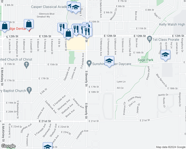 map of restaurants, bars, coffee shops, grocery stores, and more near 2240 East 16th Street in Casper