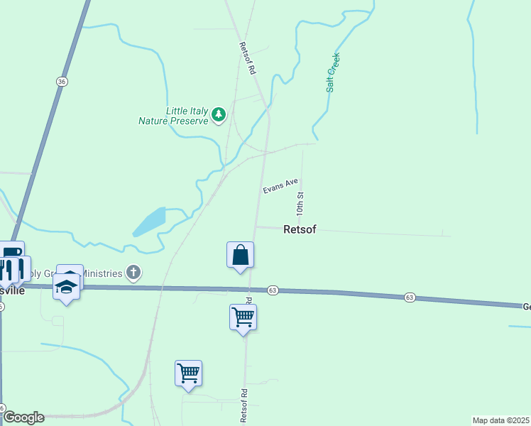 map of restaurants, bars, coffee shops, grocery stores, and more near 3609 Retsof Road in Piffard