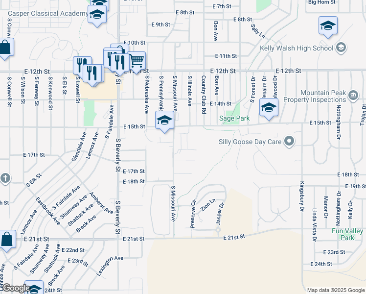 map of restaurants, bars, coffee shops, grocery stores, and more near 2641 East 15th Street in Casper