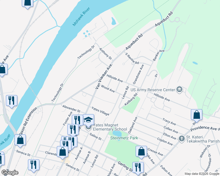map of restaurants, bars, coffee shops, grocery stores, and more near 2413 Avenue B Extension in Schenectady