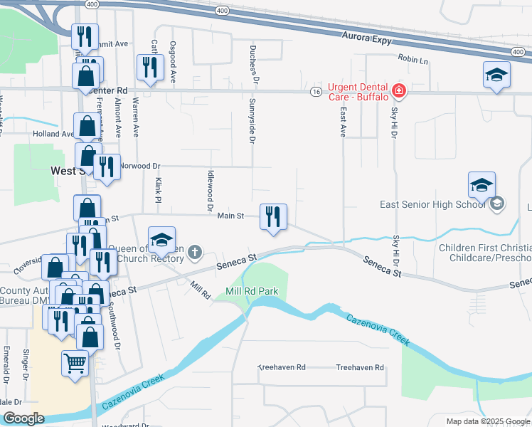 map of restaurants, bars, coffee shops, grocery stores, and more near 886 Main Street in West Seneca