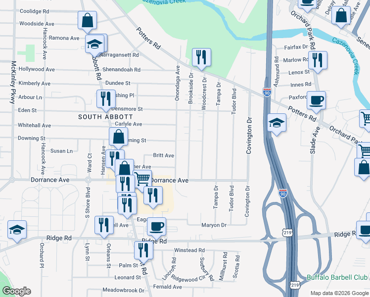 map of restaurants, bars, coffee shops, grocery stores, and more near 186 Brookside Drive in Buffalo