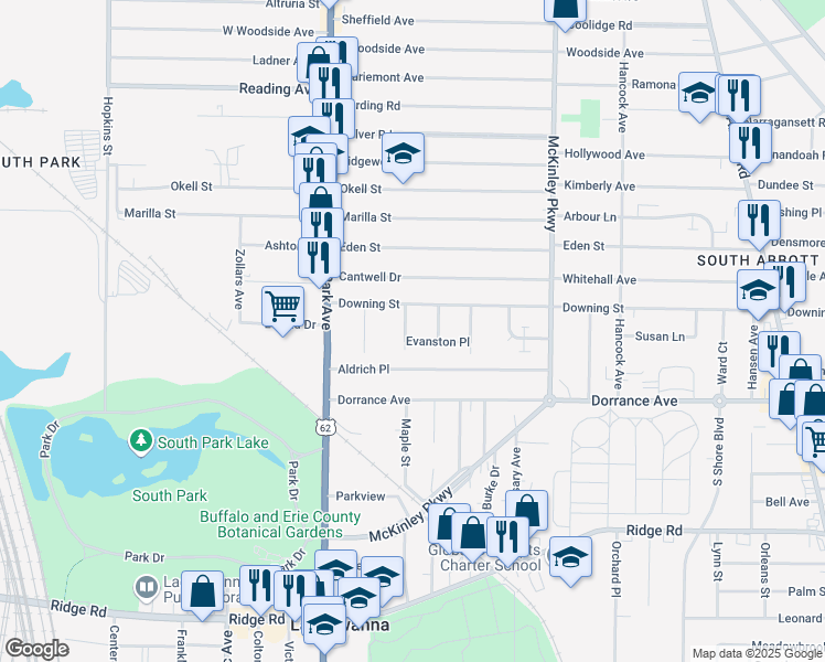 map of restaurants, bars, coffee shops, grocery stores, and more near 25 Sibley Street in Buffalo