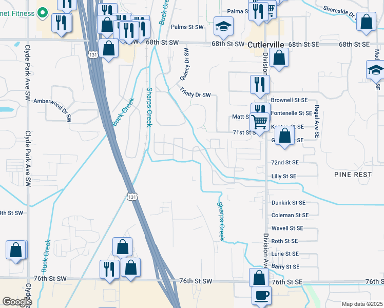 map of restaurants, bars, coffee shops, grocery stores, and more near 7283 Division Avenue South in Grand Rapids