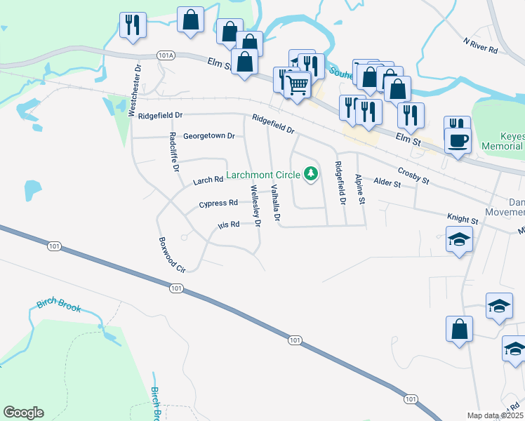 map of restaurants, bars, coffee shops, grocery stores, and more near 62 Wellesley Drive in Milford
