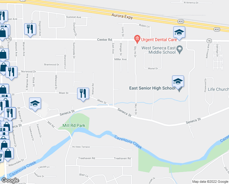 map of restaurants, bars, coffee shops, grocery stores, and more near 53 East Avenue in Buffalo