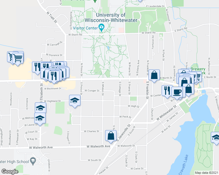map of restaurants, bars, coffee shops, grocery stores, and more near 818 W Conger St in Whitewater