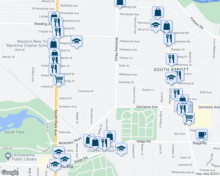 map of restaurants, bars, coffee shops, grocery stores, and more near 70 McKinley Parkway in Buffalo